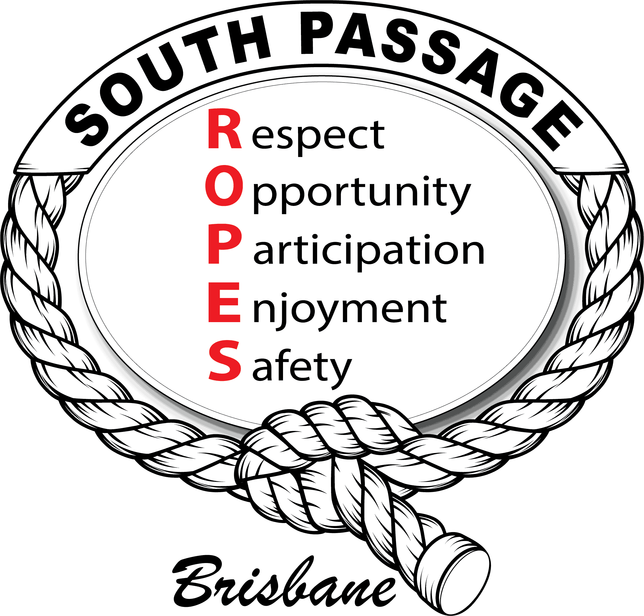 SouthPassage ROPES logo White Centre with Caps Red)